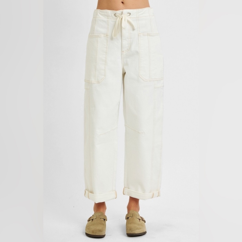 Risen Denim Barrel Leg Drawstring Waist Jean